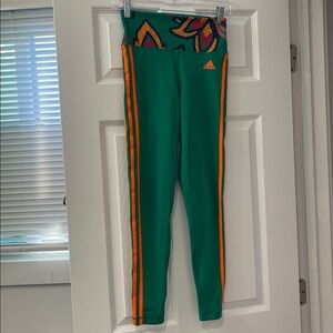 Adidas Farm Rio Green three-quarter length leggings with orange stripes